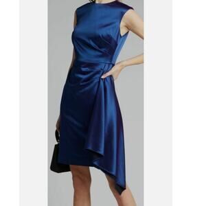 NWT Women's Rickie Freeman Teri Jon Blue Side-Draped Satin Sheath Dress Sz 10